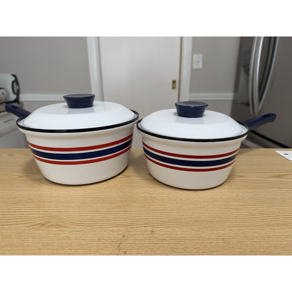 VTG Club Celebration Norway Enamelware Saucepan Pot Set Lids Red White Blue Scan
